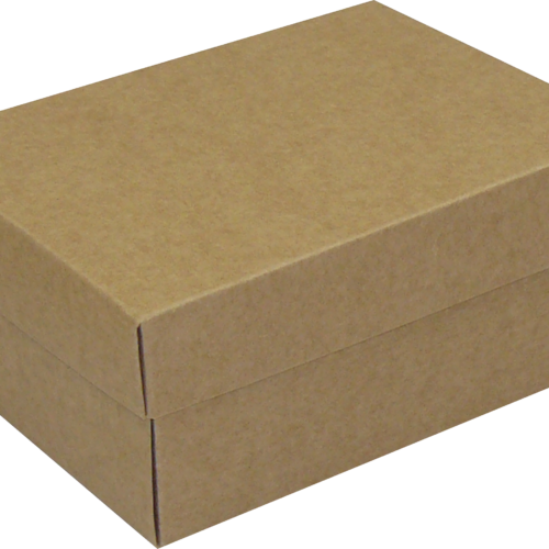 Rectangular brown cardboard shipping box, closed and taped along the edges, viewed from the side corner.